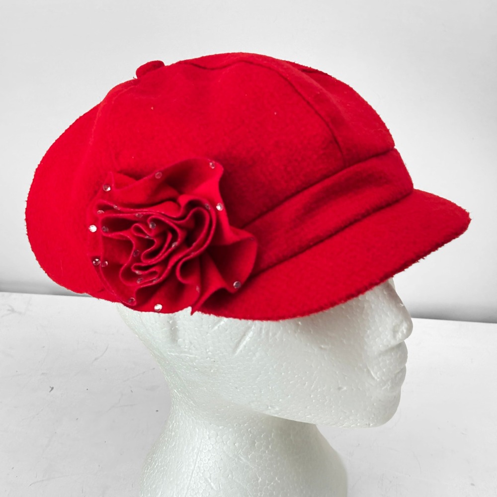 D&Y Red Newsboy Cap Flower Rhinestone Accent Elastafit Hat WCABF3568 Womens